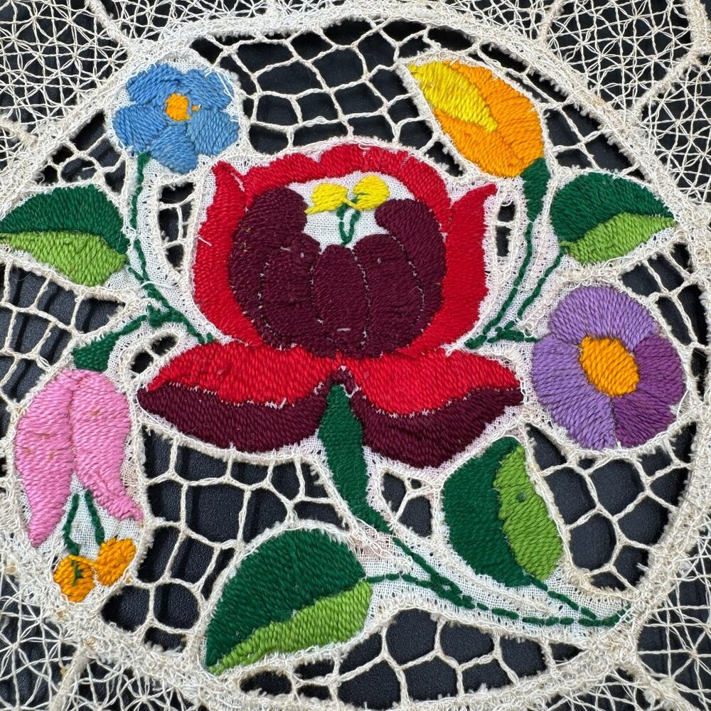 Kalocsa Hungarian Hand Embroidered Doily With Kalocsai Floral Lace Design - Picture 7 of 7